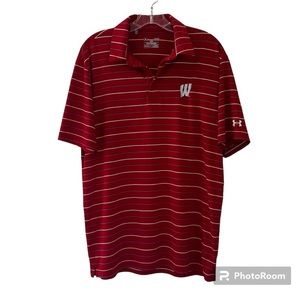 Under Armour Red, White & Gray Stripe Wisconsin Badger Polo Shirt Size L…